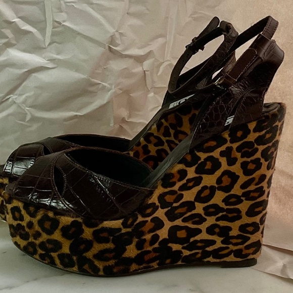 BARNEY'S Co-op Alligator Embossed Chocolate Leather Hair On Leopard Print 41 NWT - Picture 4 of 8